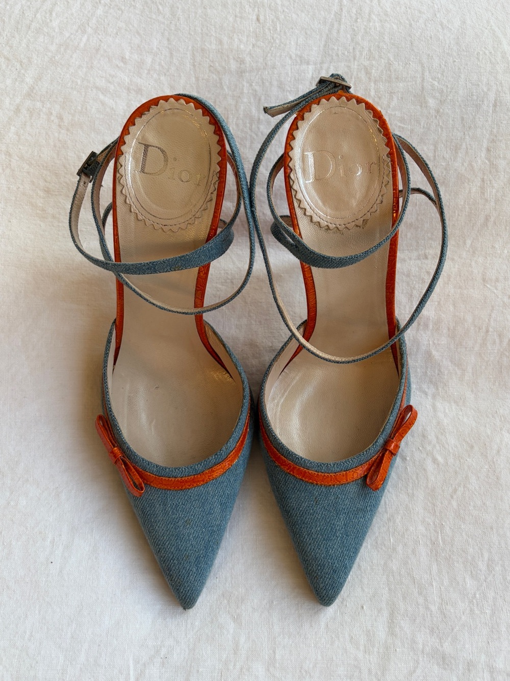 Dior Denim Ribbon Bow Pointy Toe Strappy Ankle Heels Blue Orange